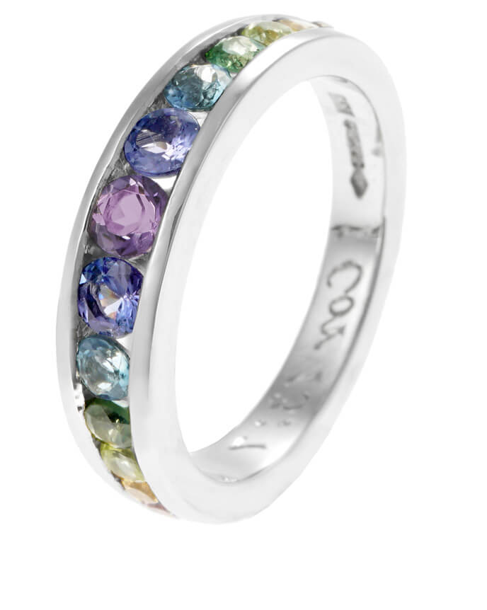 channel set rainbow coloured gemstones in platinum band