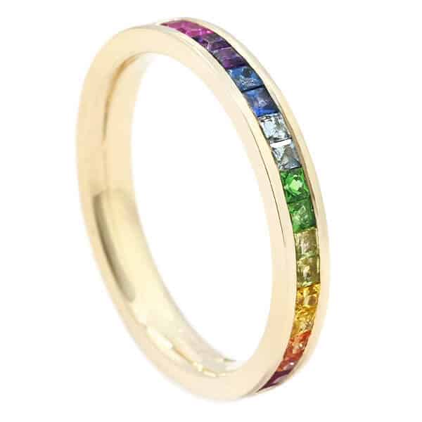 rainbow of gemstone channel set thin ring