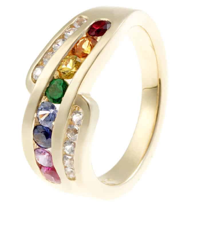 Multicoloured gemstone wedding ring in wrap style