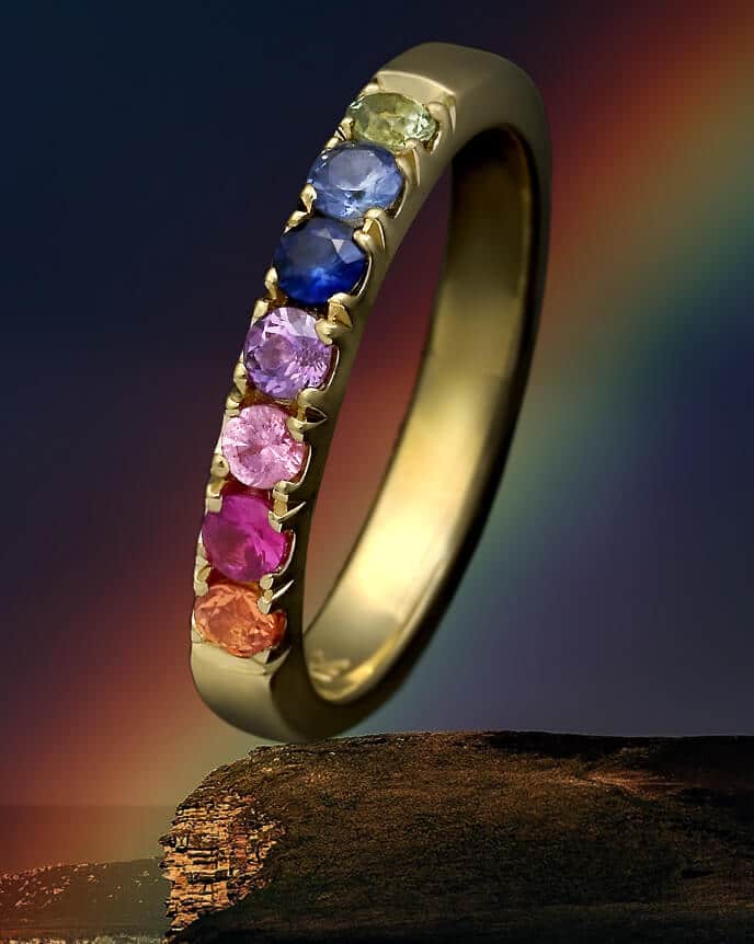 multicoloured gemstone eternity ring with rainbow