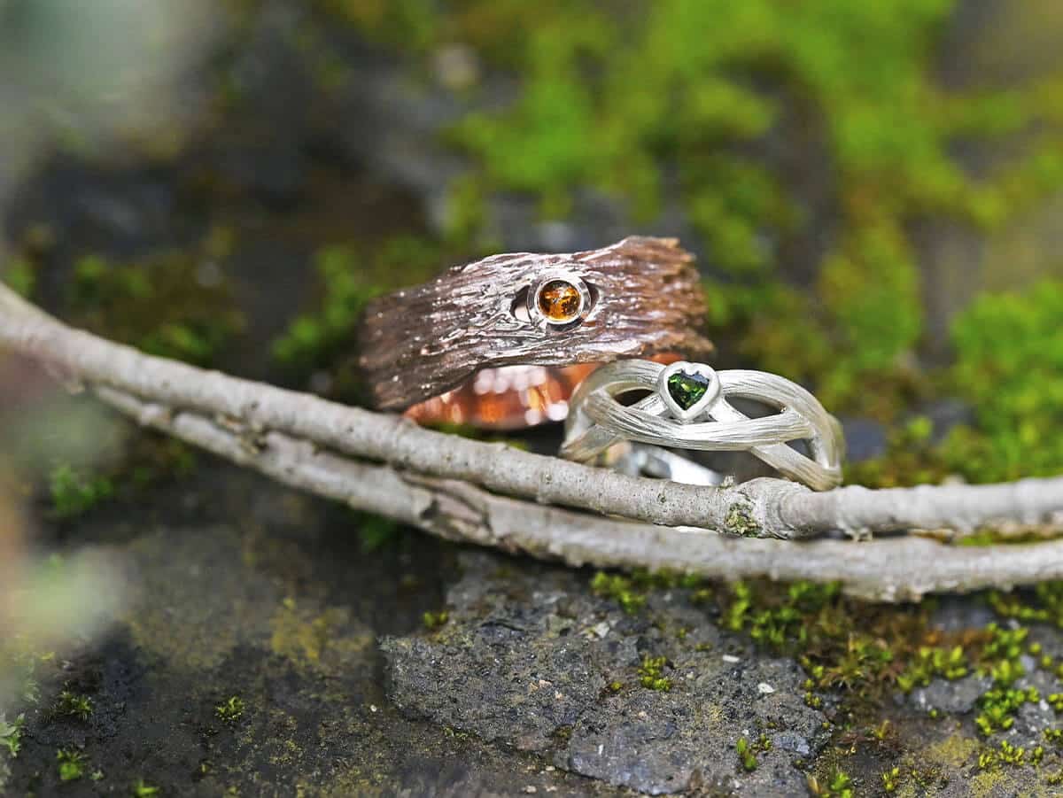 pair of woodland inspired rings with bark finish on twig