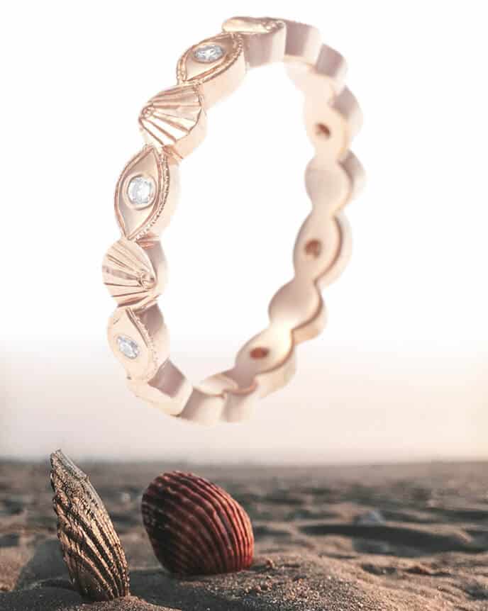 shell engraved eternity ring with beach shells