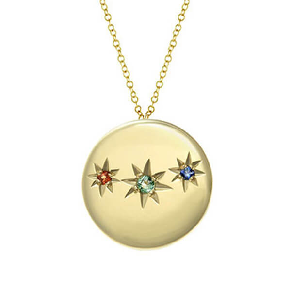 triple star and night inspired gemstone and gold disk pendant