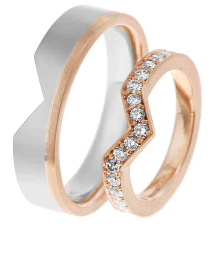 V shaped design for a matched pair of wedding ring