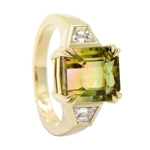 Gold ring with watermelon gemstone and diamonds