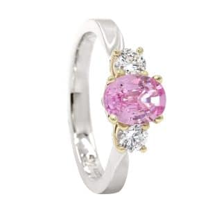 Pink gemstone and diamond trilogy ring