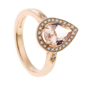 Rose gold morganite halo ring