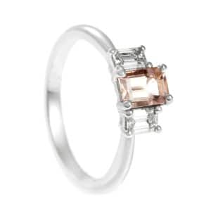 Baguette cut morganite and diamond trilogy