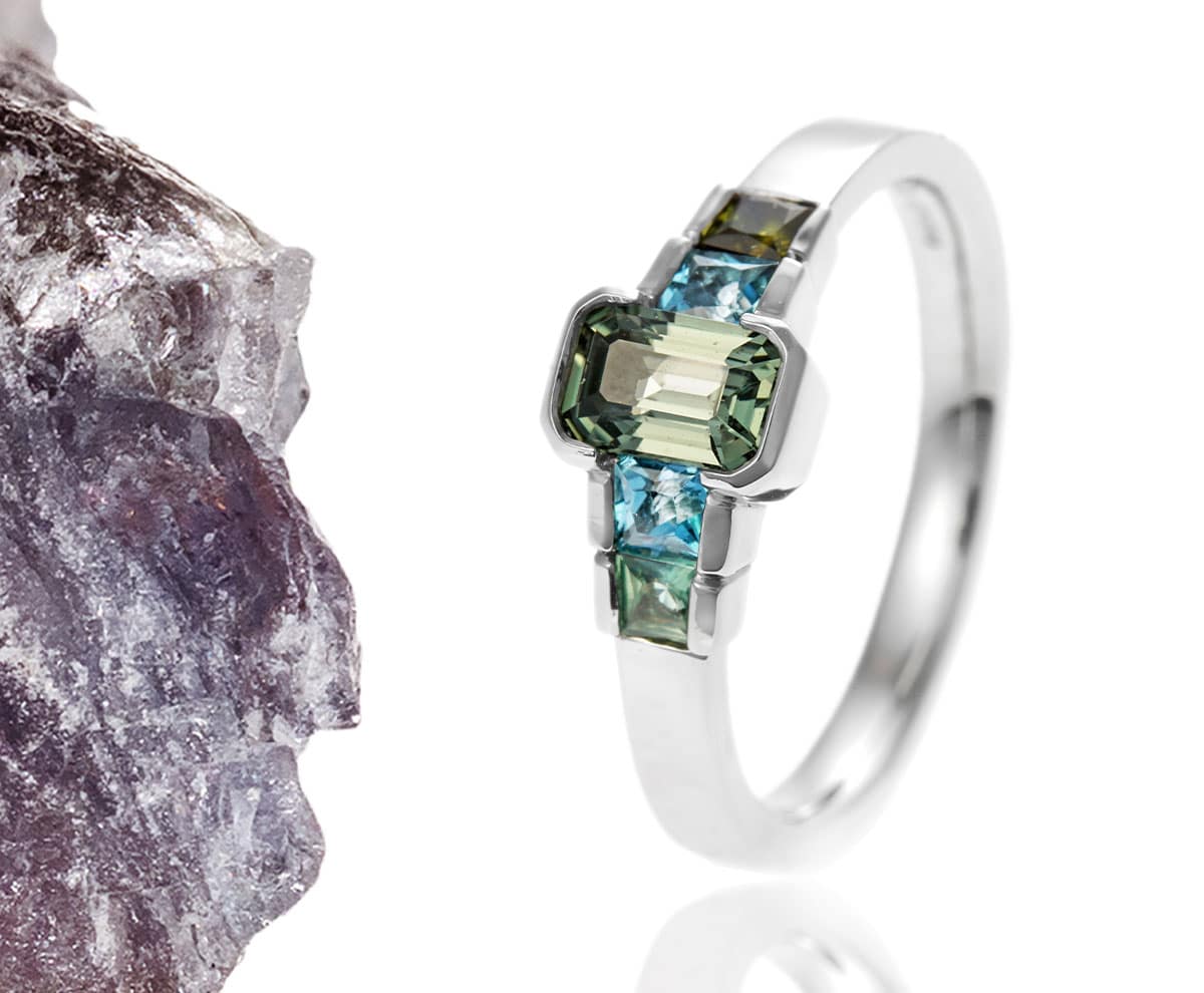 uncut alexandrite rock with green art deco shaped ring