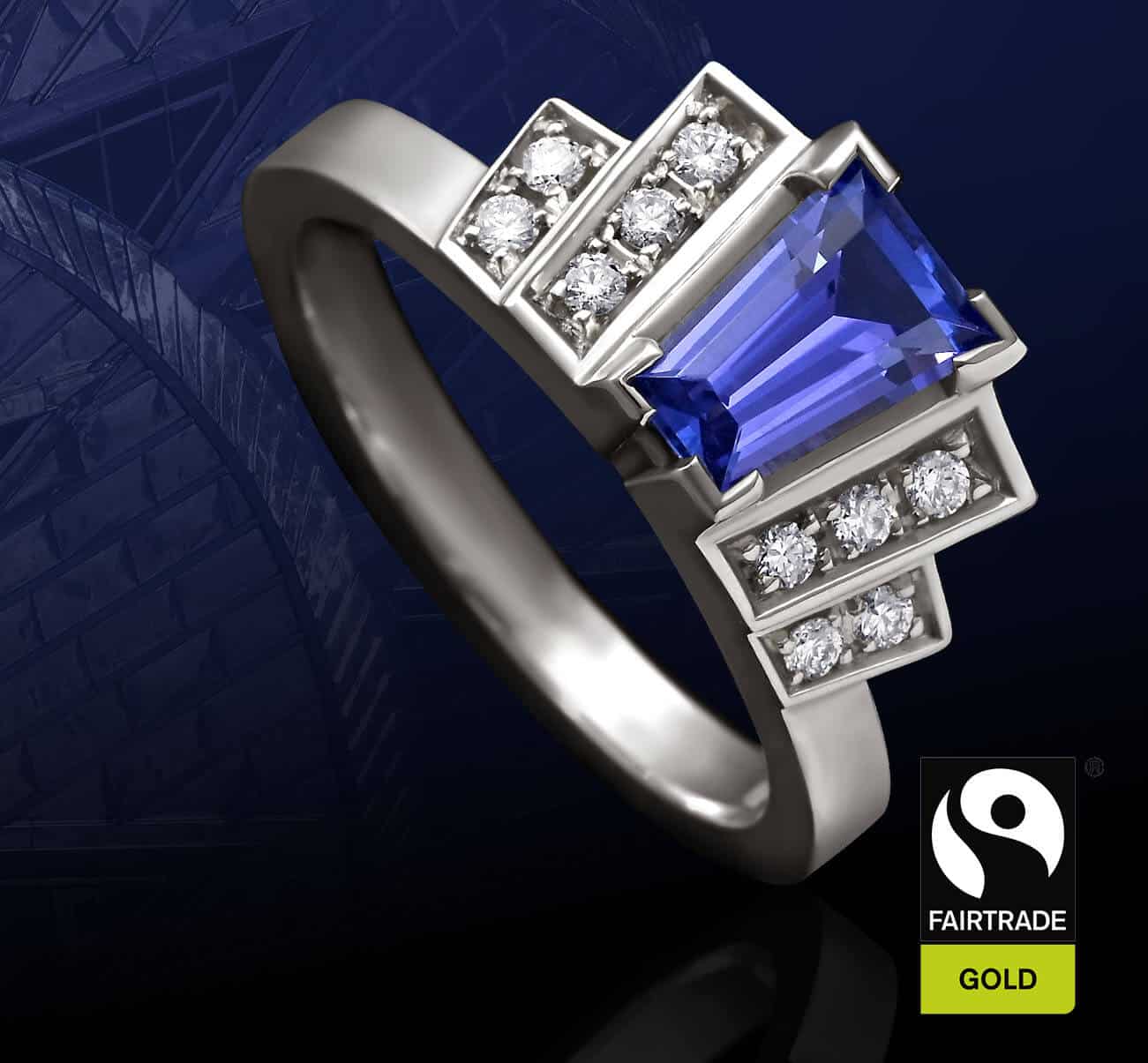 Art deco fan shaped tanzanite ring with Fairtrade logo