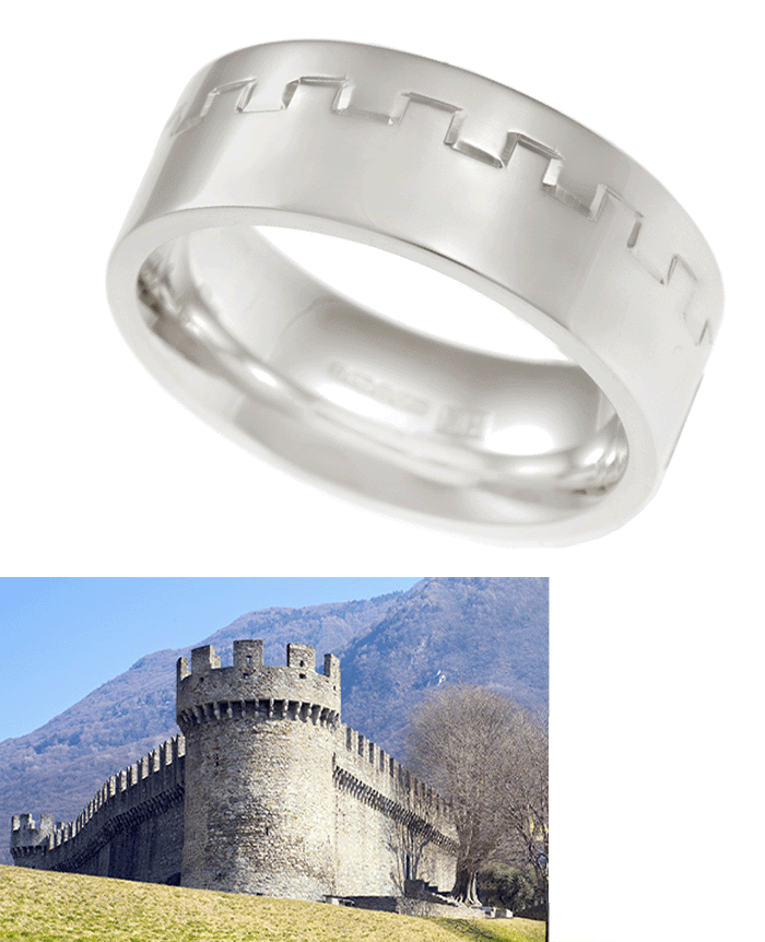 battlements inspired wedding band with castle