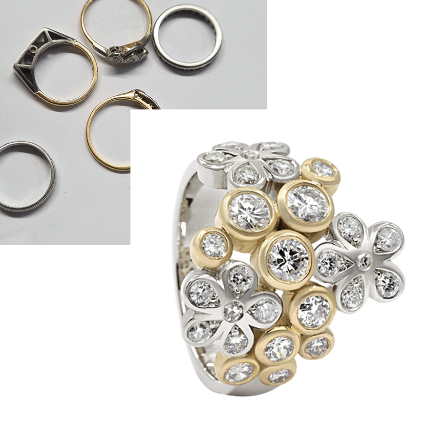 Before and after shot of 5 rings into one new design