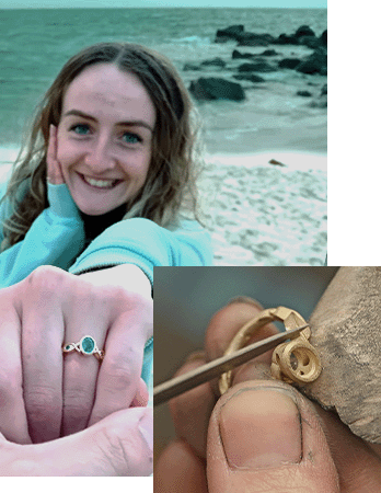 Beach couple with the women holding her hand showing her engagement ring to another person holding her hand with the sea in the backgound and inset a picture of the goldsmith crafting the same ring