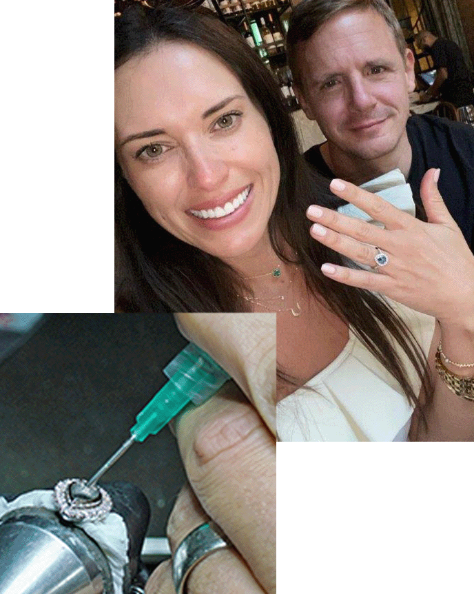 Engaged couple showing sapphire ring on finger and syringe