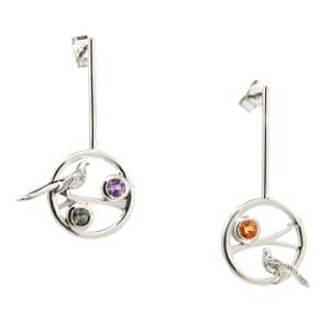 Drop hoop earrings with birds and gemstones