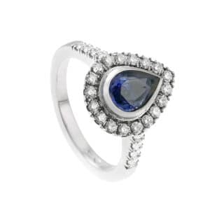 Pear cut blue sapphire halo ring