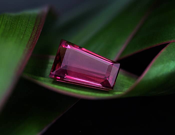 Tapered Baguette Cut Red Gemstone On A Leaf