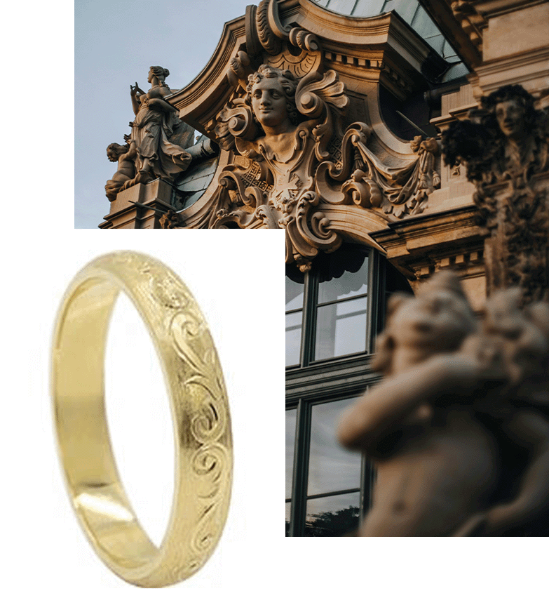 Rococo inspired wedding ring with building montage