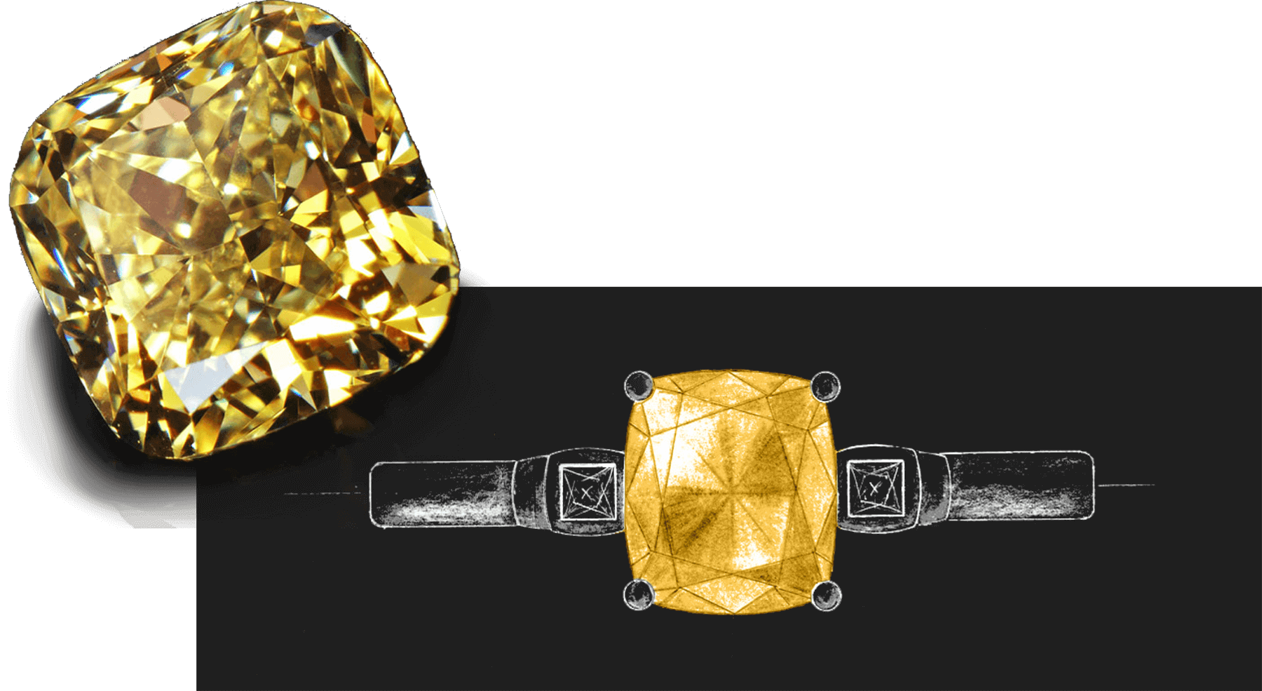 Yellow diamond and sketch of a ring with yellow stone