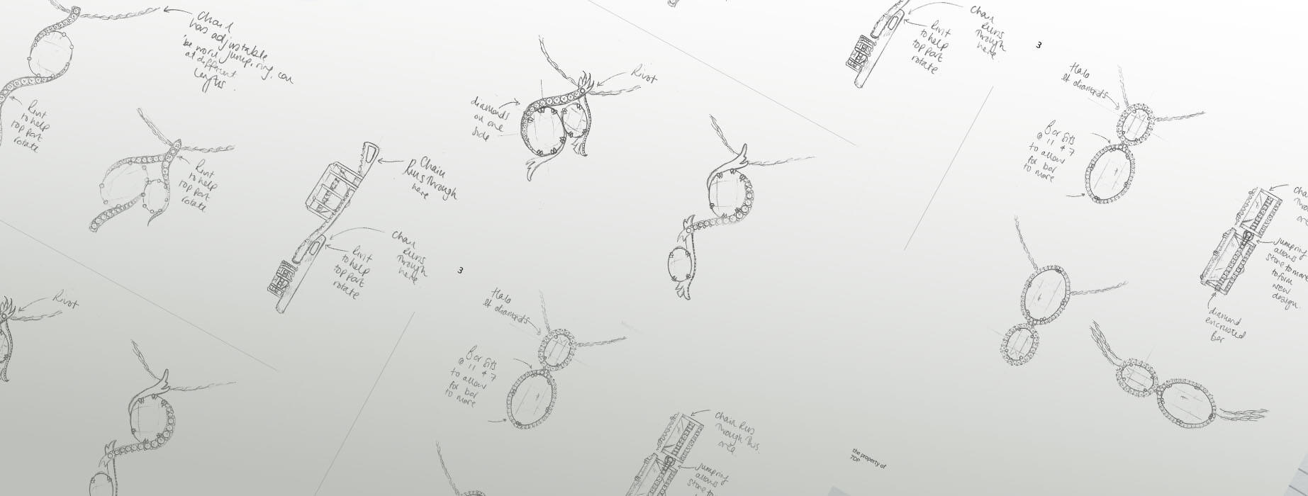 Sketches of pendants with writing on them