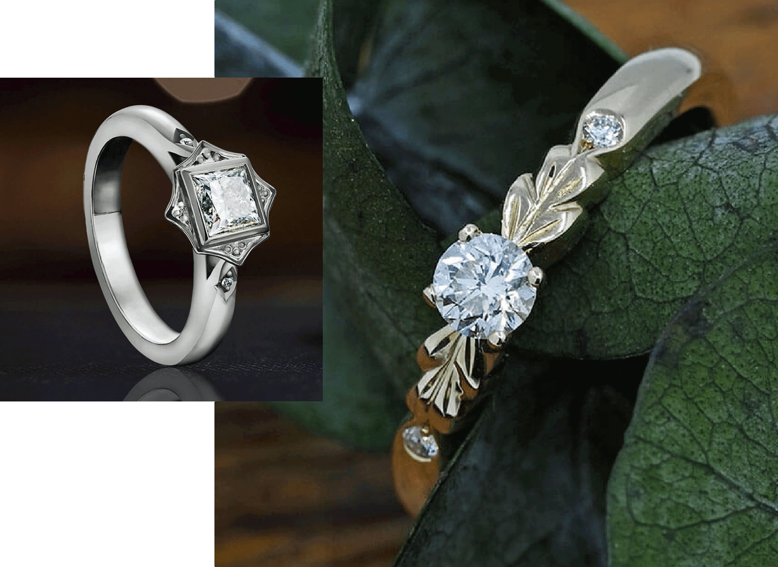 Two diamond engagement rings with one wrapped around a leaf