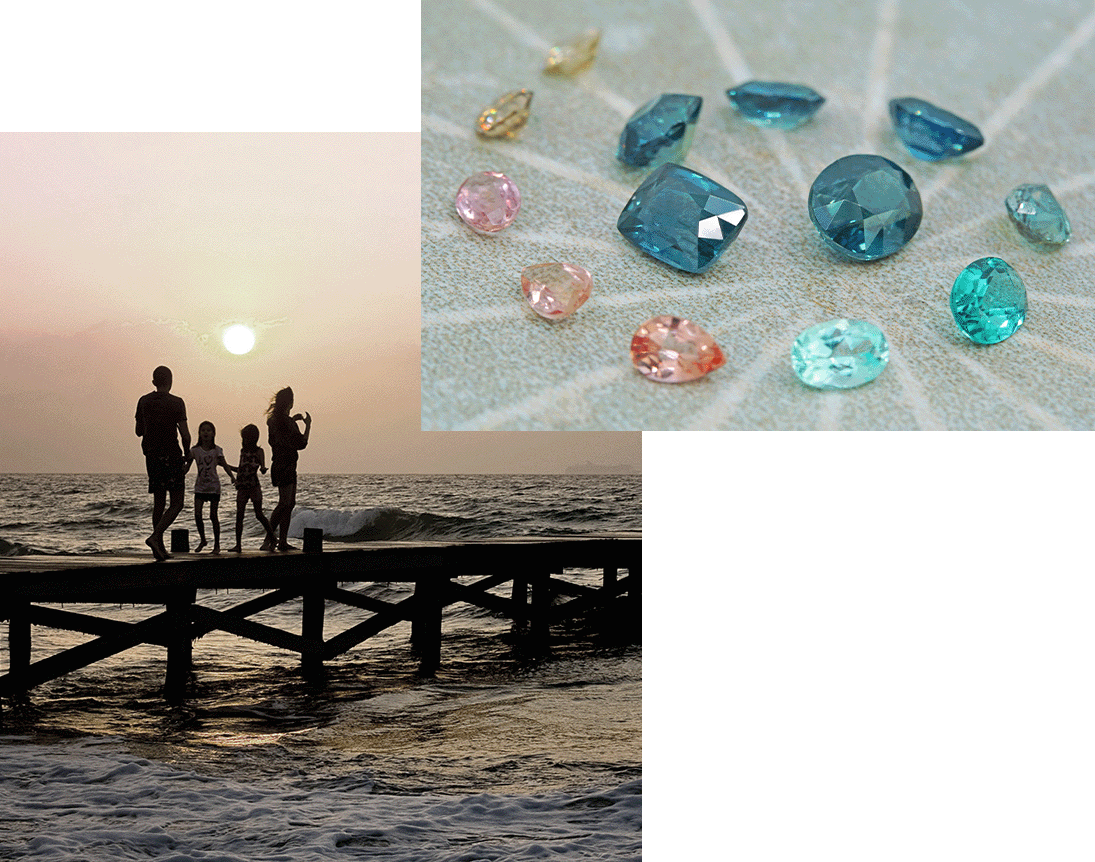 family on pier and gemstone swirl