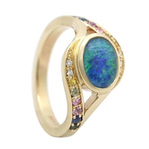 Blue opal rainbow sapphire ring