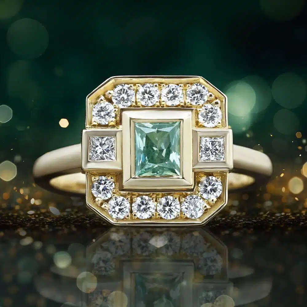 Green sapphire with diamond halo ring