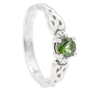 celtic shaped green tourmaline and moissanite ring